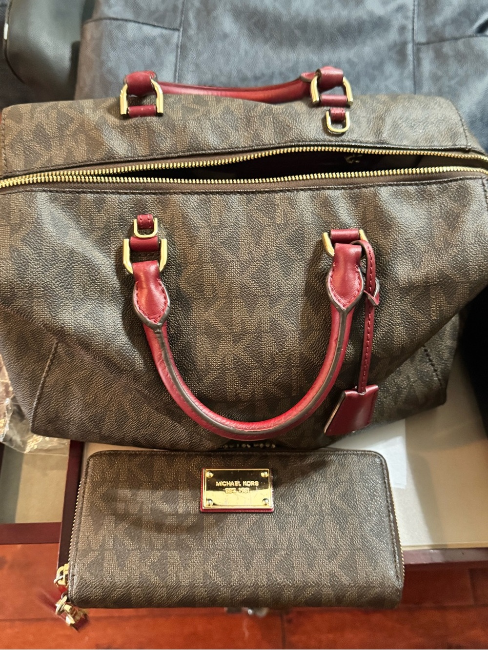 Michael Kors Brown Monogram Satchel with Red Trim and Wallet